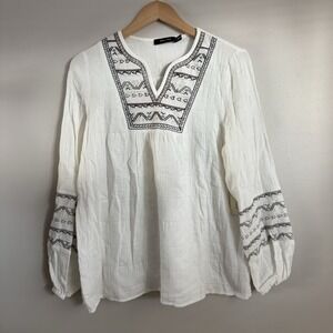 NWT Doe & Rae Embroidered Button Blouse White Long Sleeve Boho Peasant Top - M